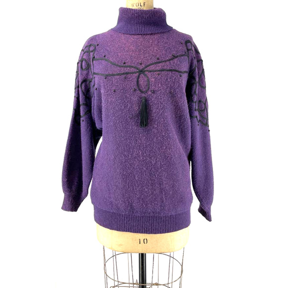 Jason Maxwell Vintage Purple Tassel Turtle Neck Knit Sweater M - Picture 9 of 9